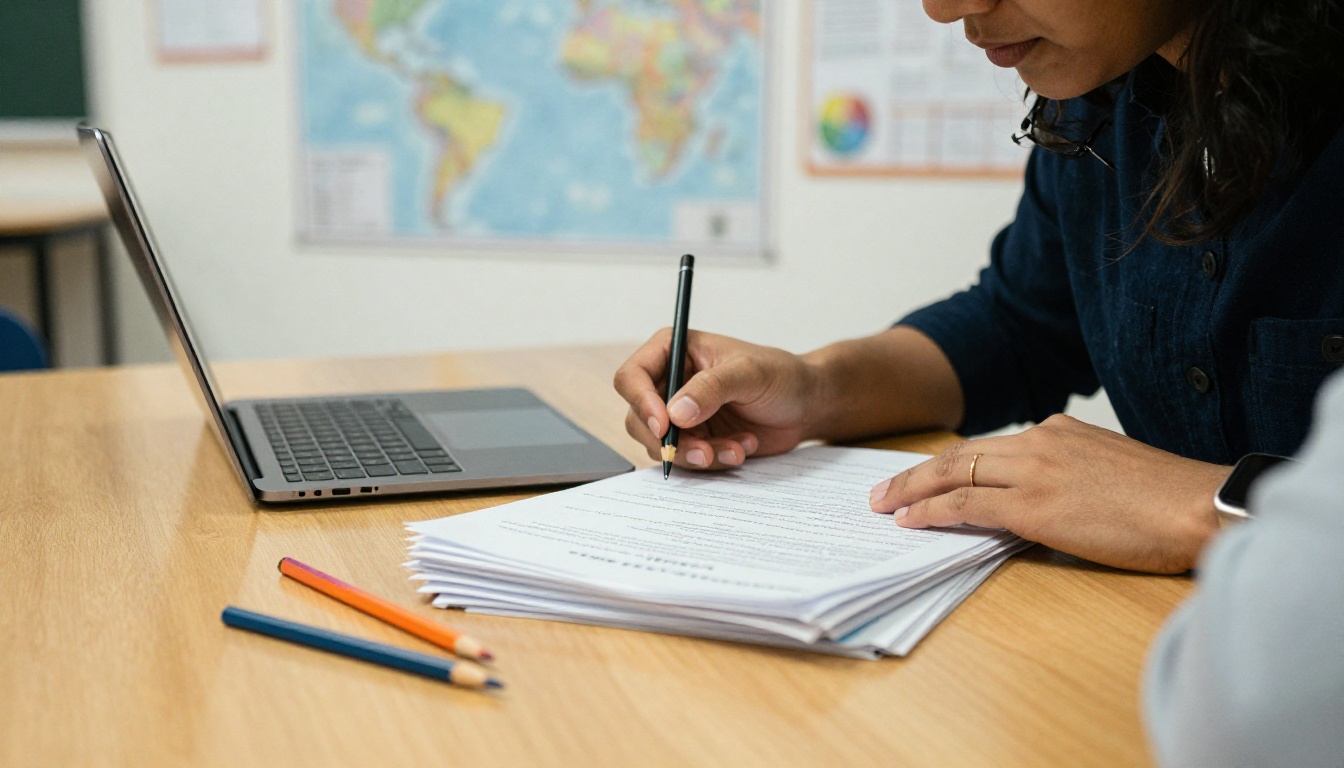 A teacher preparing course material at a classroom desk