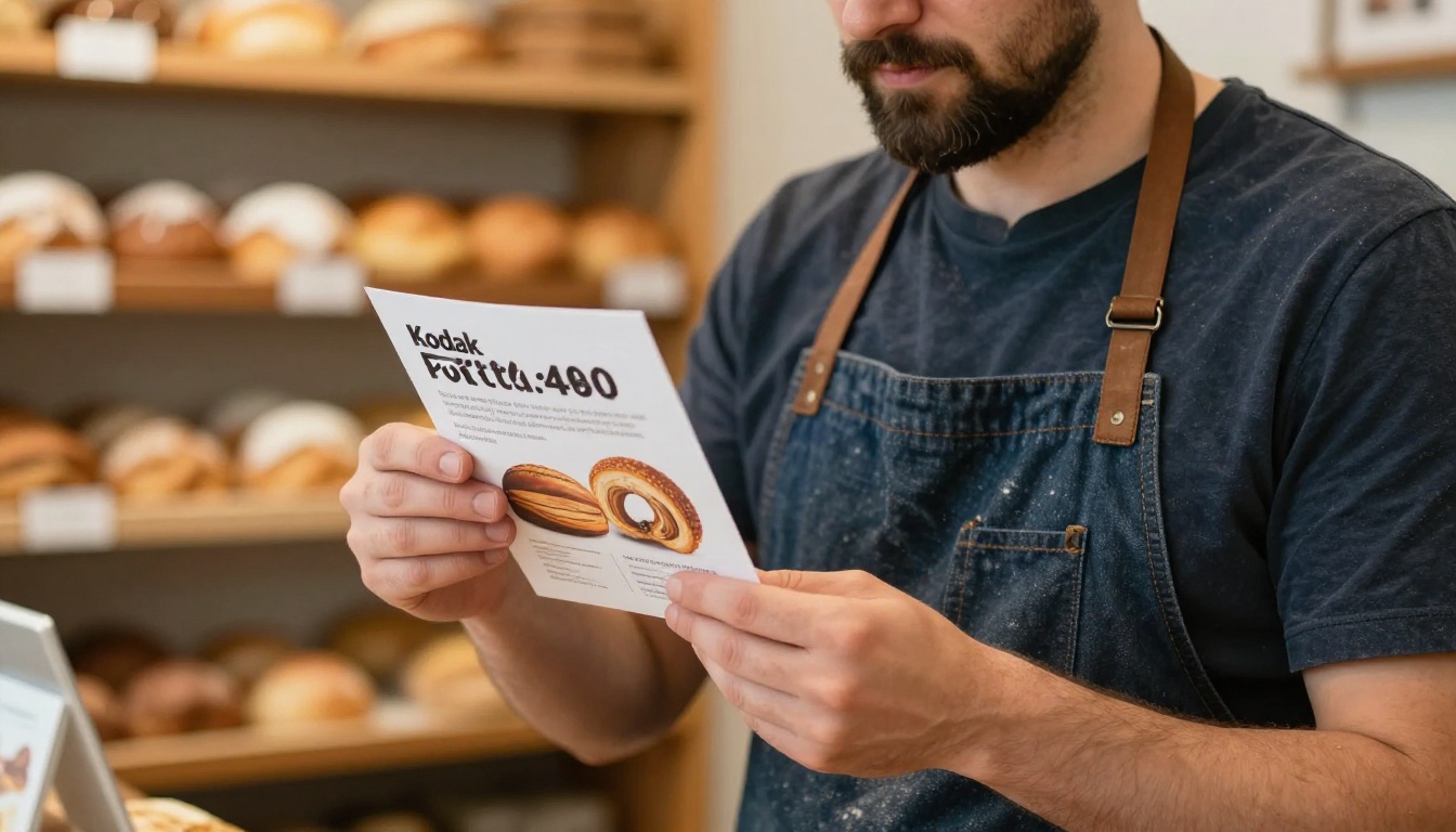 Small business owner holding a printed bakery flyer inside his shop