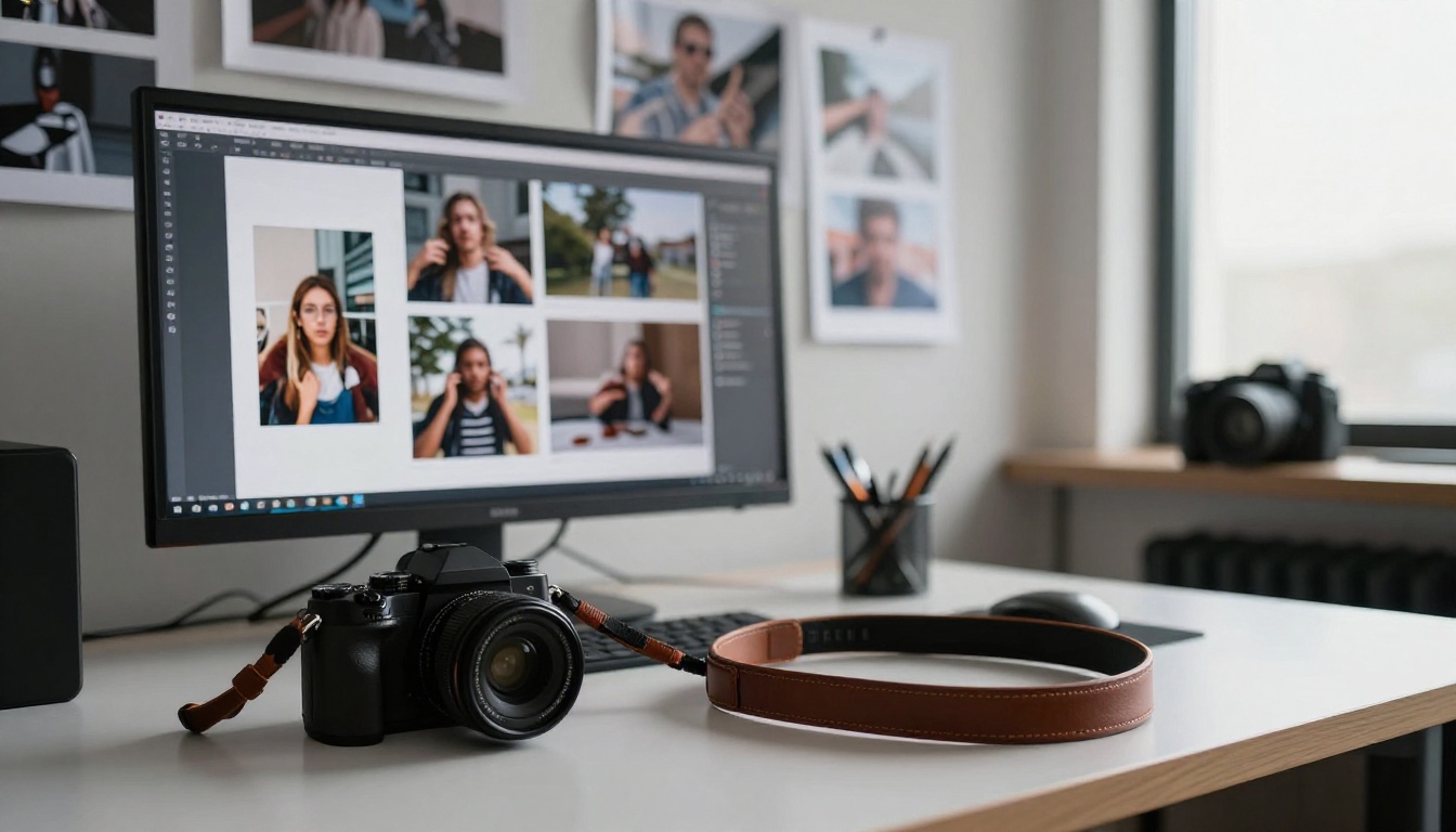 A photographer reviewing a portfolio layout on a monitor in a studio