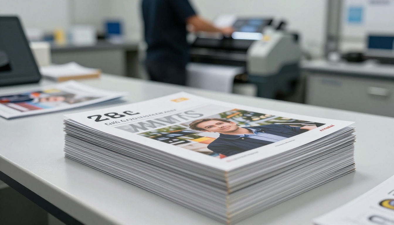 Low angle shot of freshly printed flyers on a print shop counter