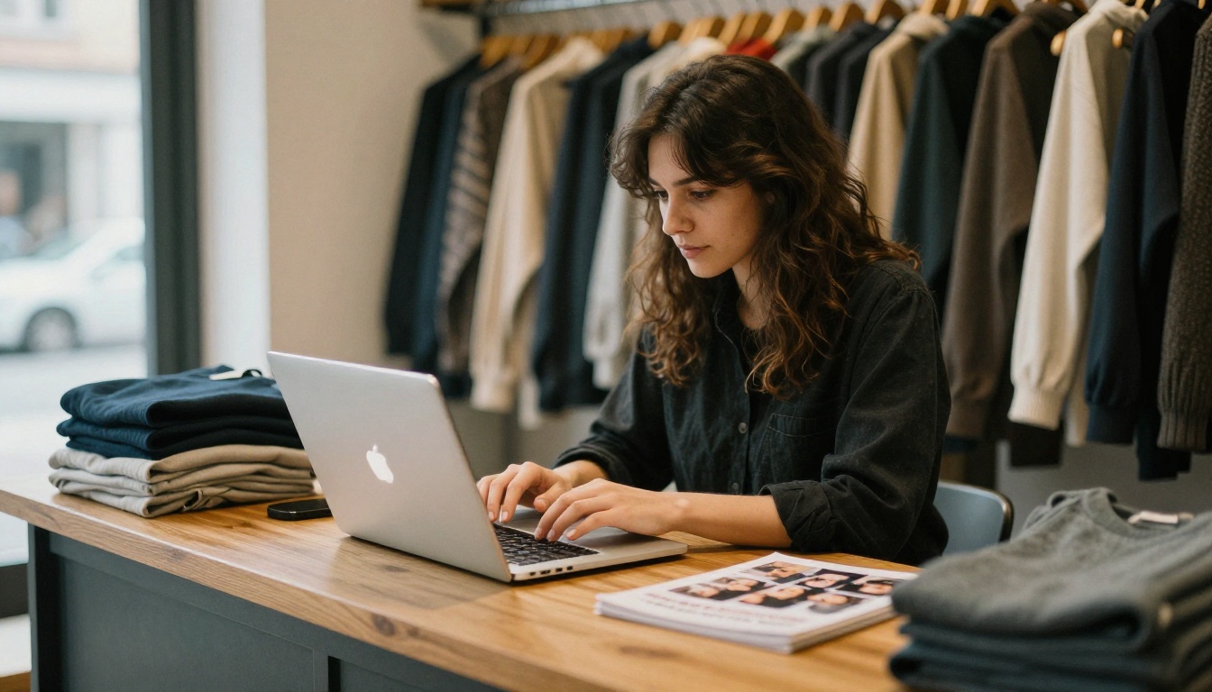 A small business owner typing on a laptop at a boutique counter beside a printed catalog
