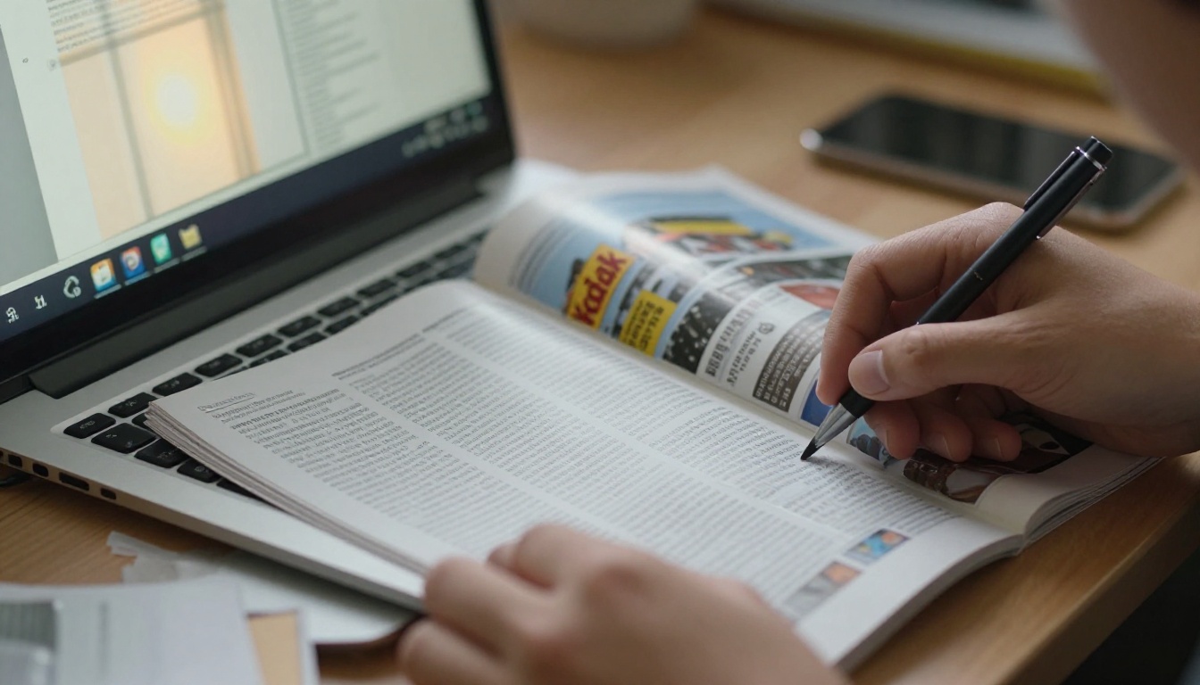 Students assembling a class magazine around a table