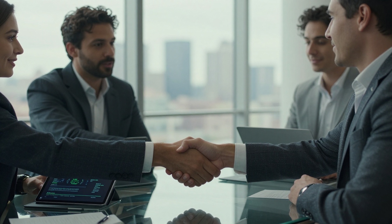 Two founders shaking hands across a glass meeting table after a pitch