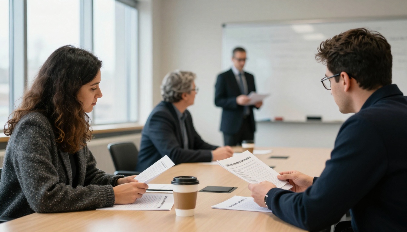 Two colleagues reviewing a printed brand booklet at a conference table