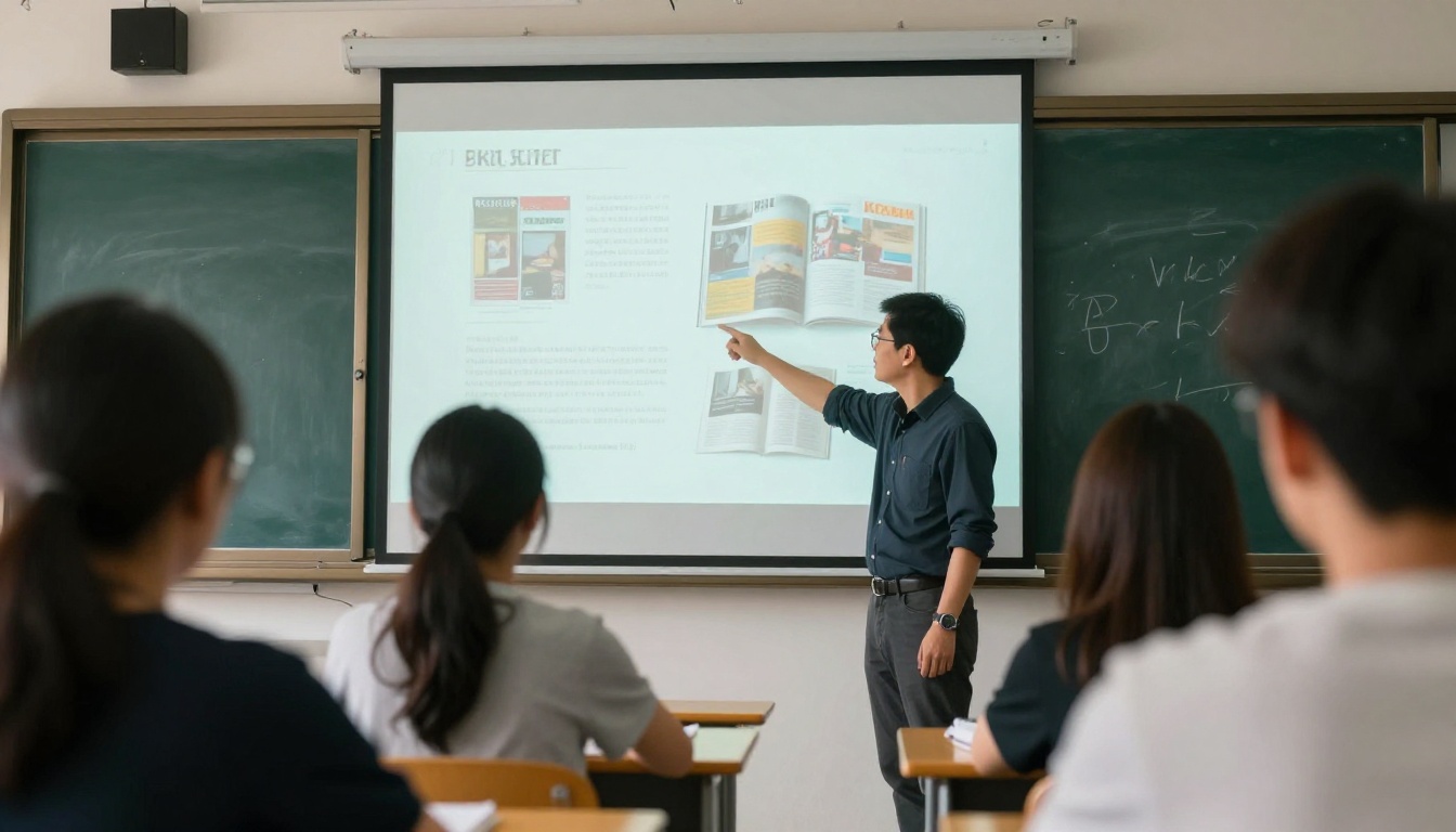 A teacher presenting a digital magazine to a class