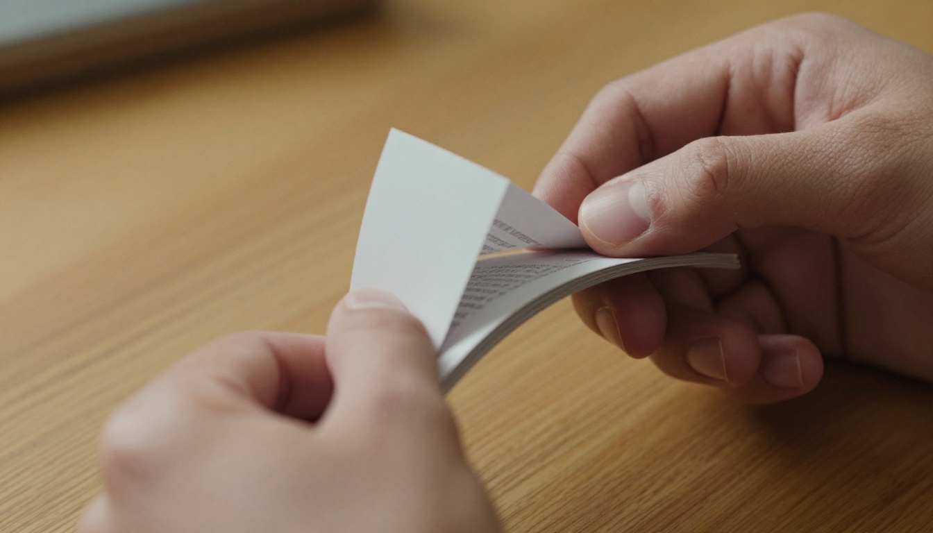 Hands flipping through a thick printed catalog on a wooden table
