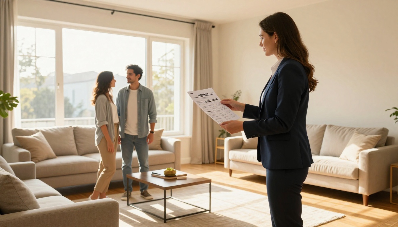 Real estate agent handing a printed property flyer to a couple at an open house