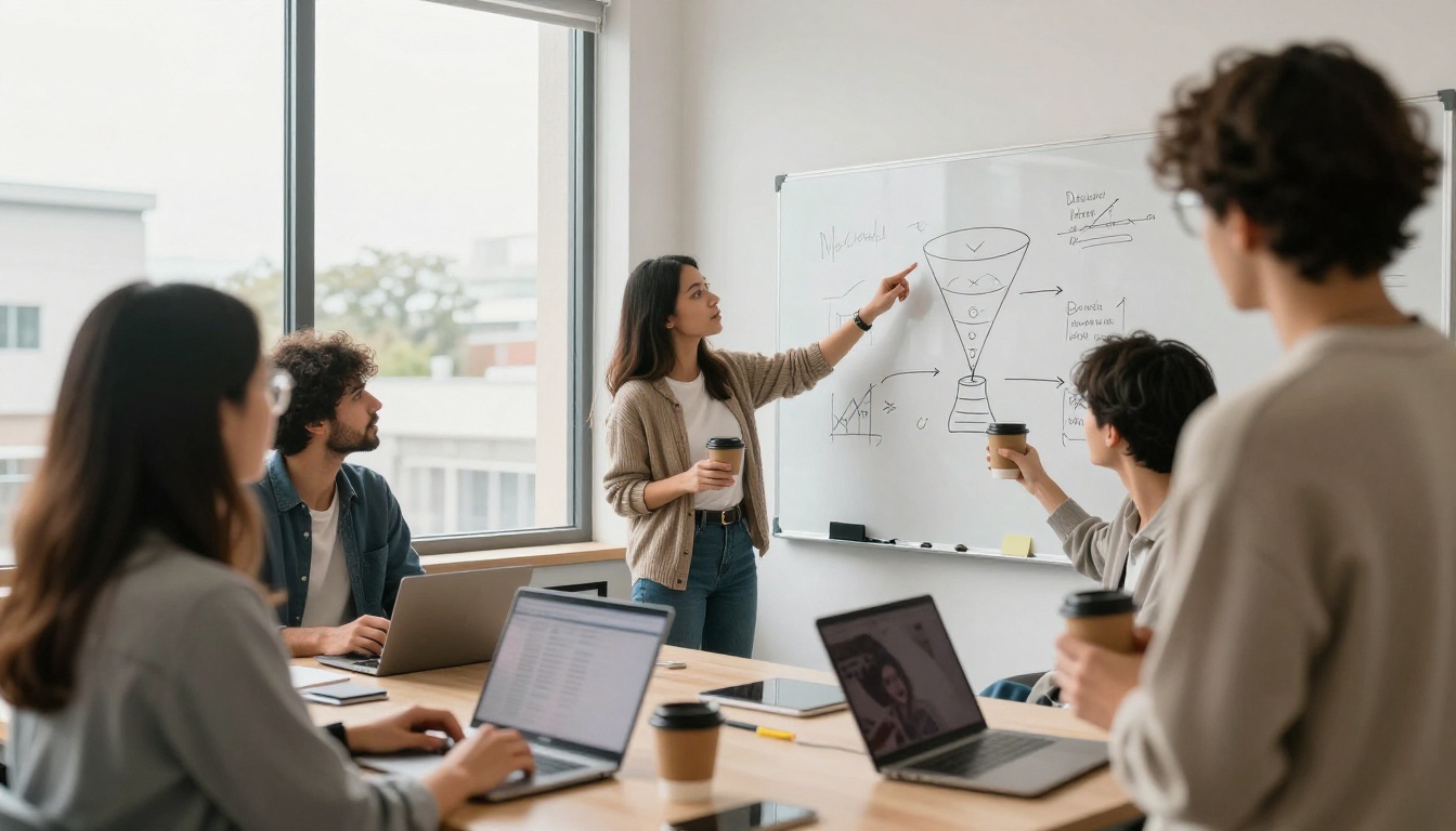 Team of four around a whiteboard sketching funnel diagrams in a bright office