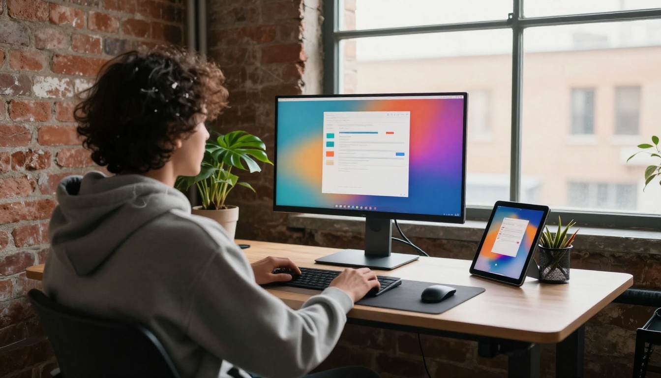 Freelance designer working at a standing desk in a loft studio
