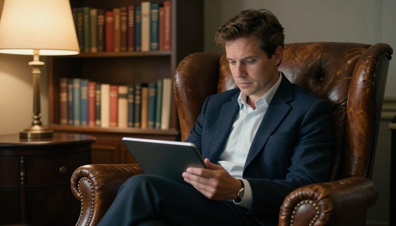 Venture investor in a navy blazer reading a pitch deck on a tablet