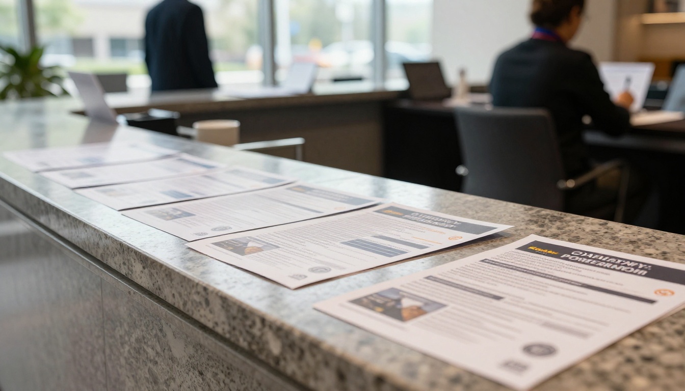 Event organizer placing printed flyers on a conference reception table