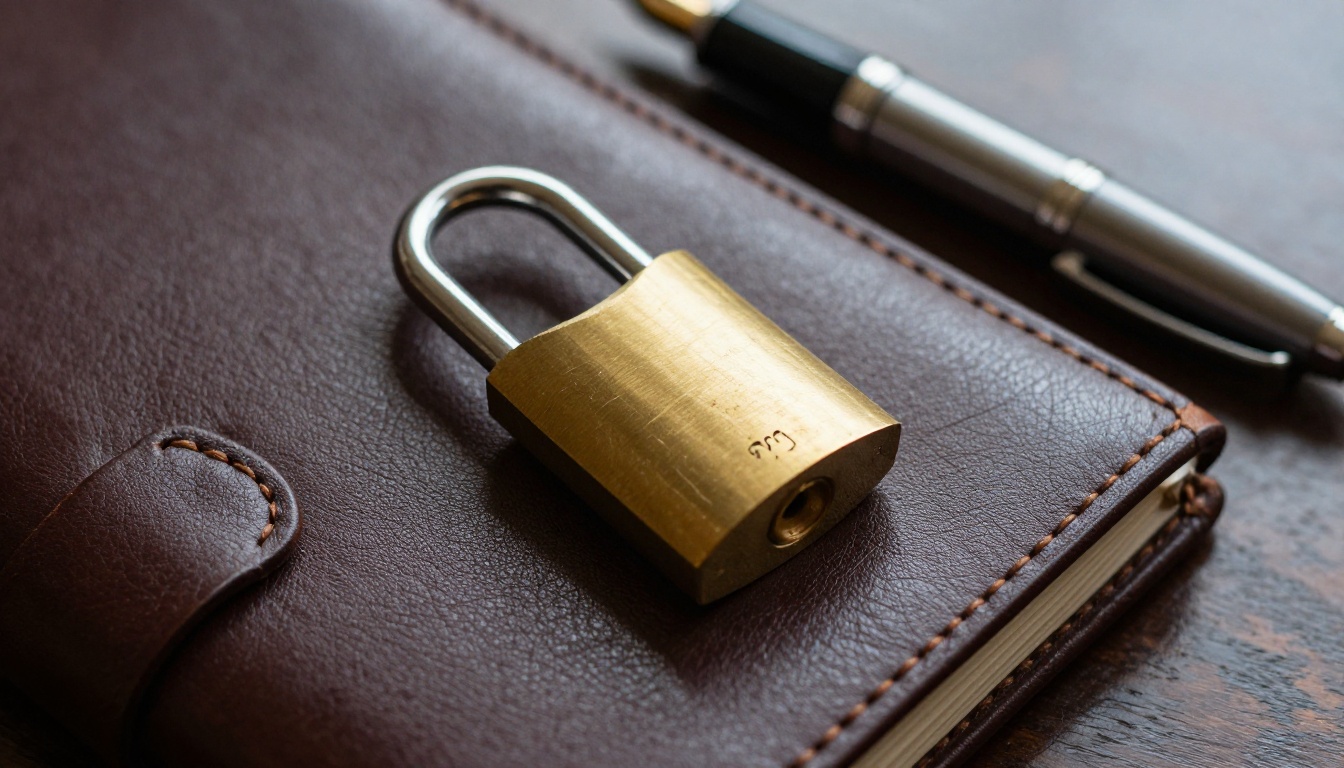 Brass padlock resting on a closed leather portfolio on a walnut desk