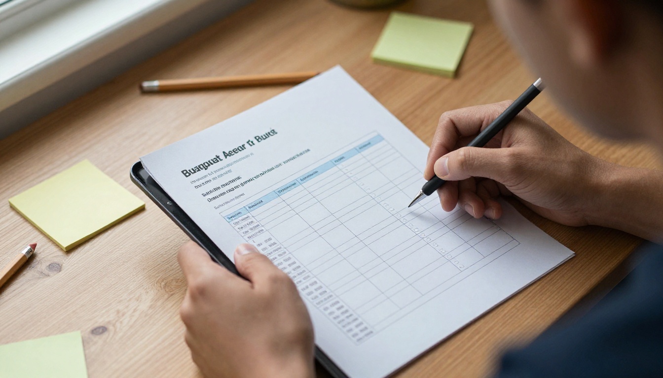 Teacher's hands holding a printed budget sheet beside a tablet showing a digital storybook