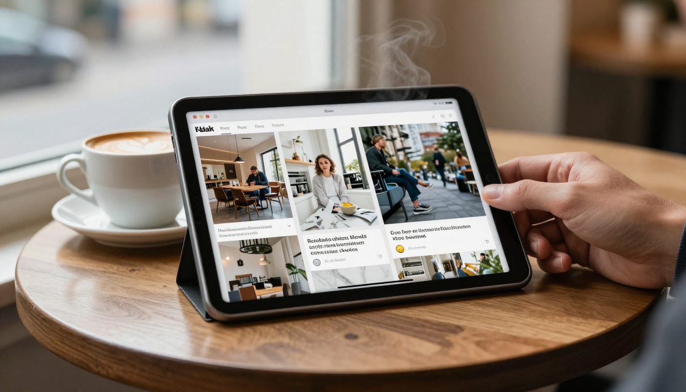 Tablet on a cafe table displaying a digital flipbook of a brand brochure