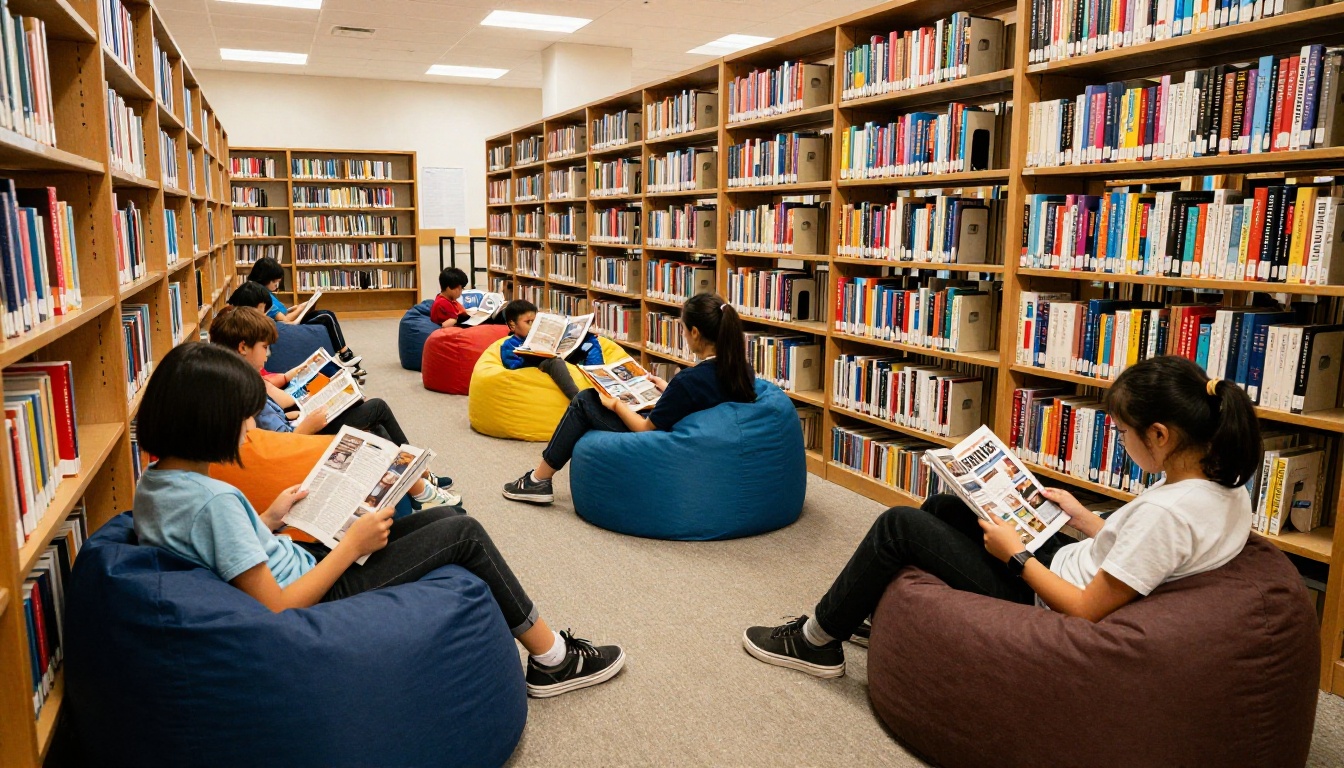 Students reading magazines in a school library