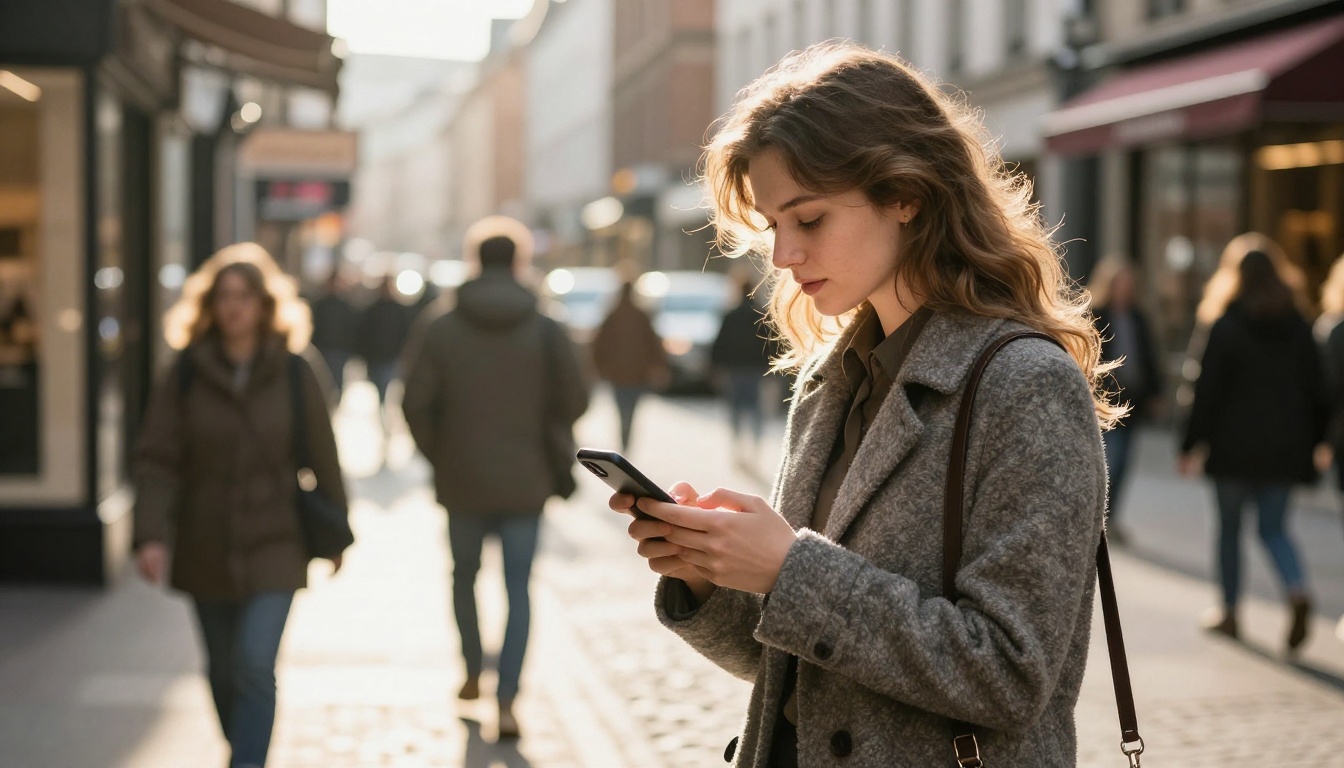 Founder checking a document on a smartphone while walking through a city street