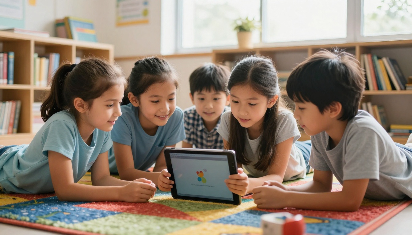 Group of second grade students gathered around a classroom tablet reading a digital flipbook