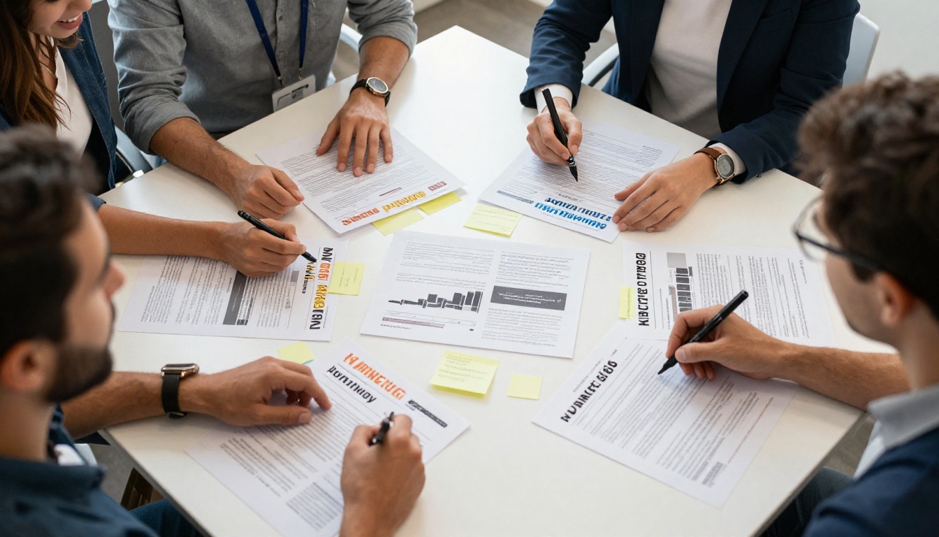 Marketing team of four planning around a table with flyer mockups
