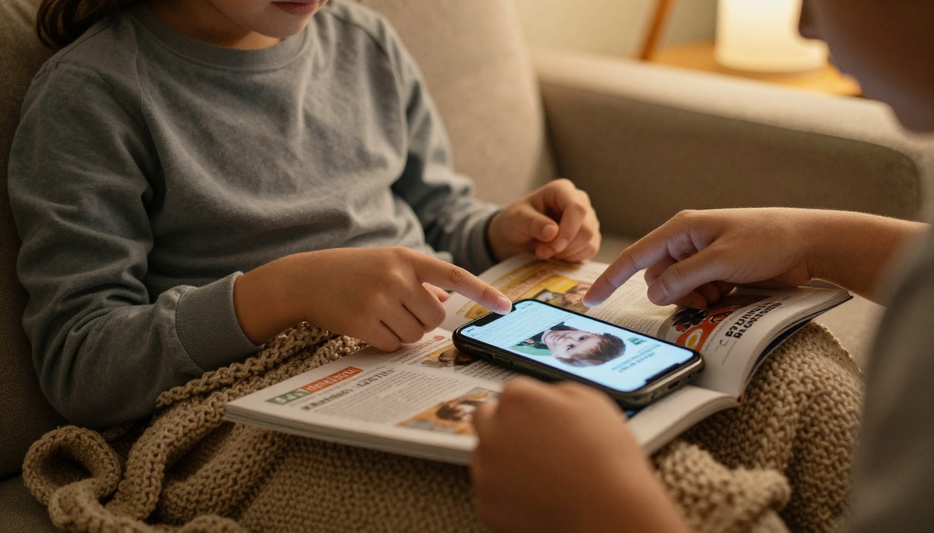 A parent reading a school magazine on a phone with their child