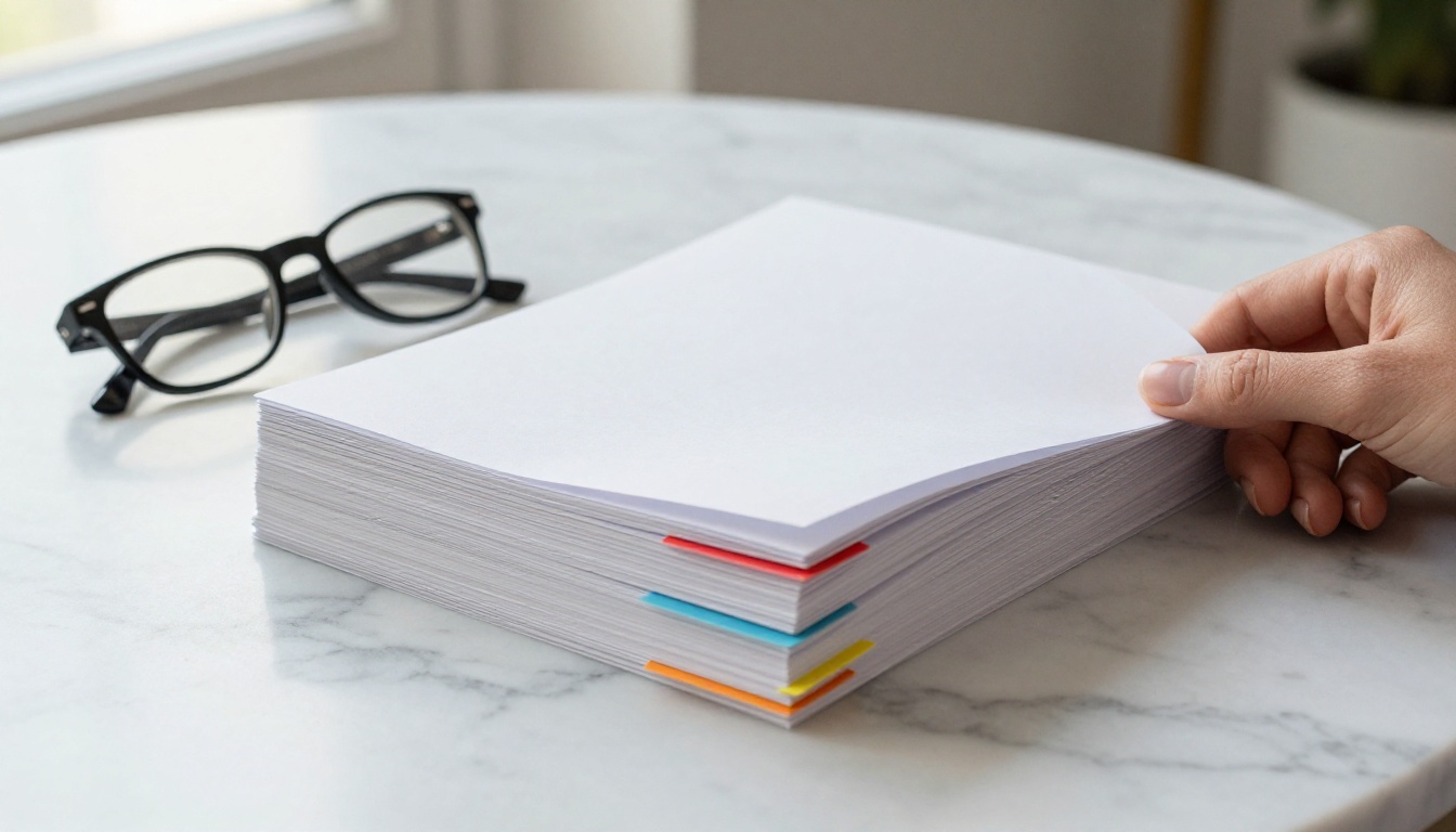 Wide window-lit desk with a stack of printed pitch decks and reading glasses on marble