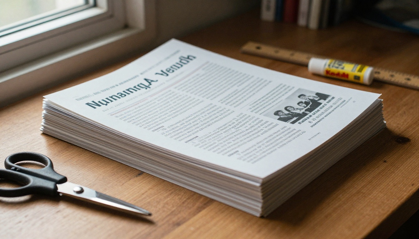 A stack of printed school magazines on a desk