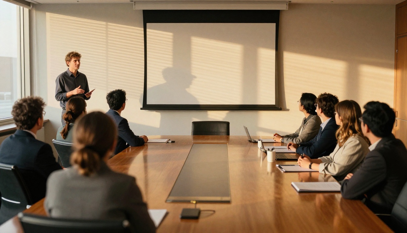 Founder presenting to investors in a sunlit boardroom with striped window light