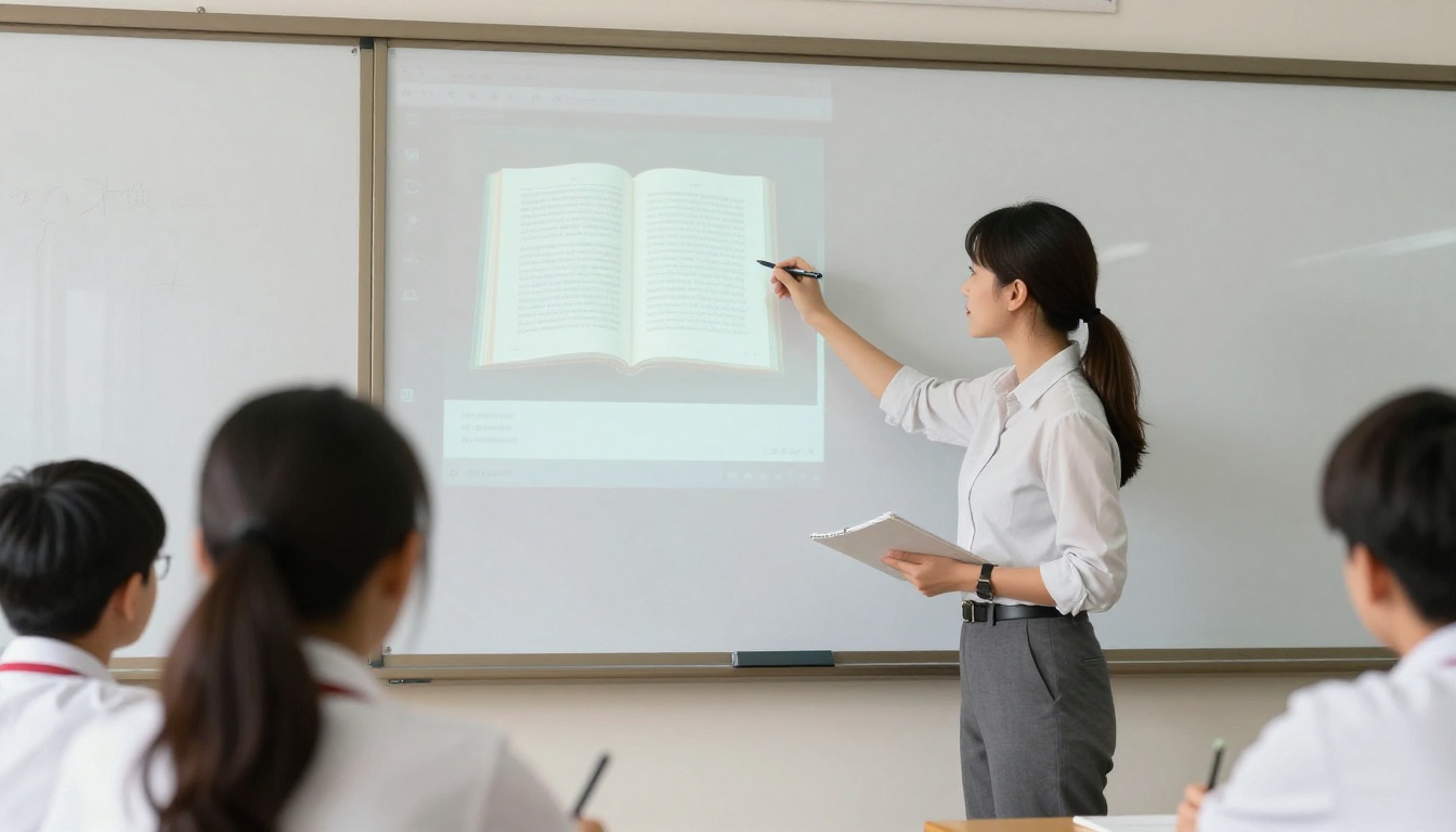 Middle school teacher pointing at a projected digital book while students take notes