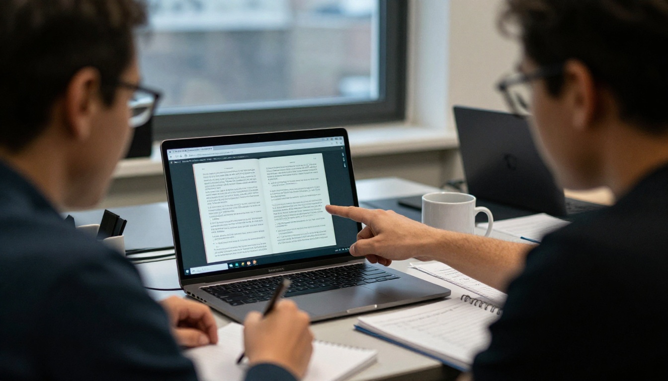 Two teachers collaborating at a staff room table over a laptop