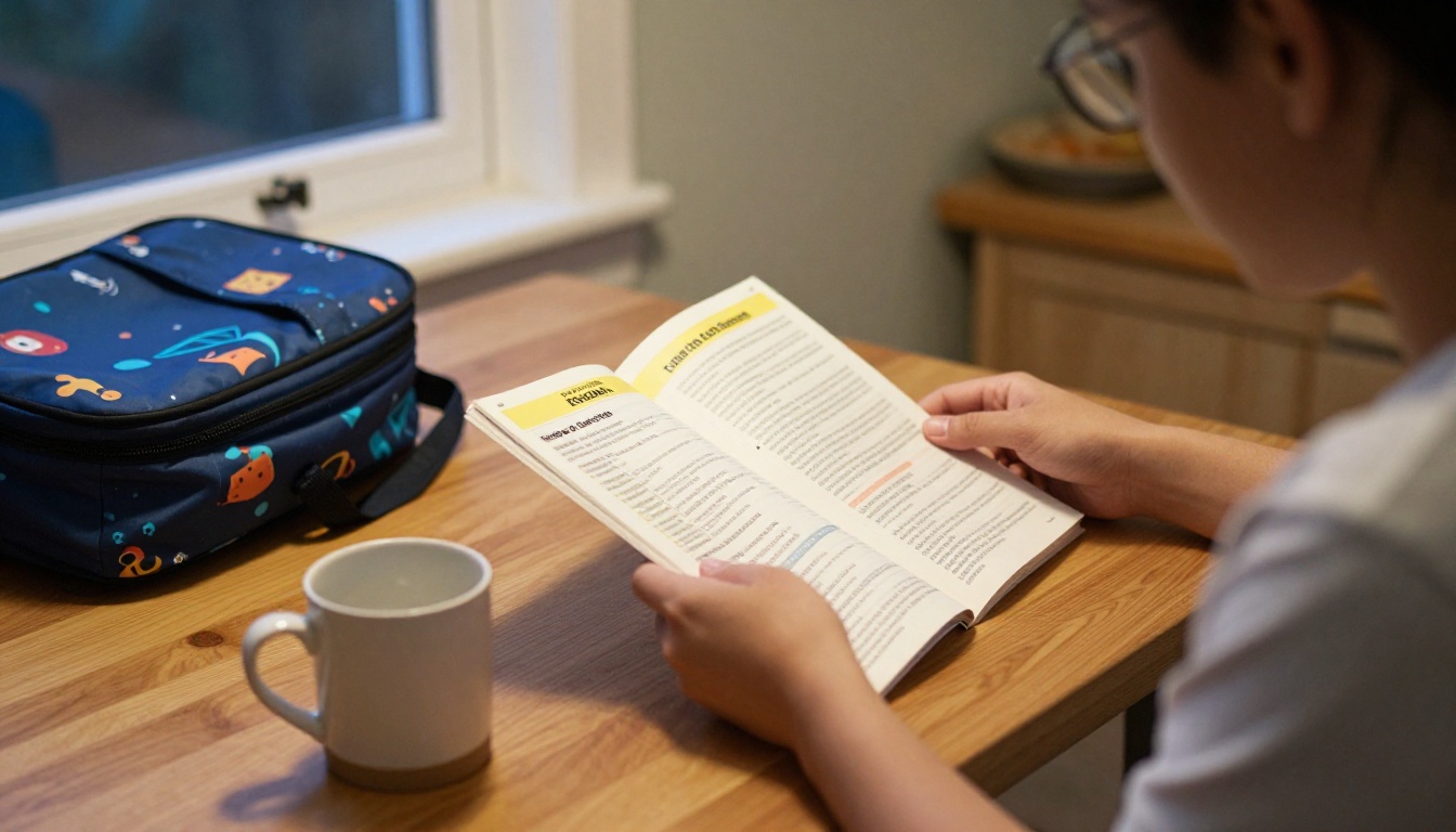 Parent at a kitchen table reading a class newsletter flipbook on a smartphone