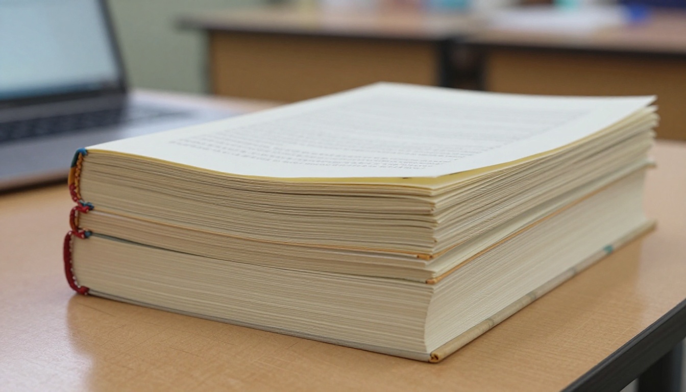 Stack of printed student-made books with hand-stitched spines beside a laptop