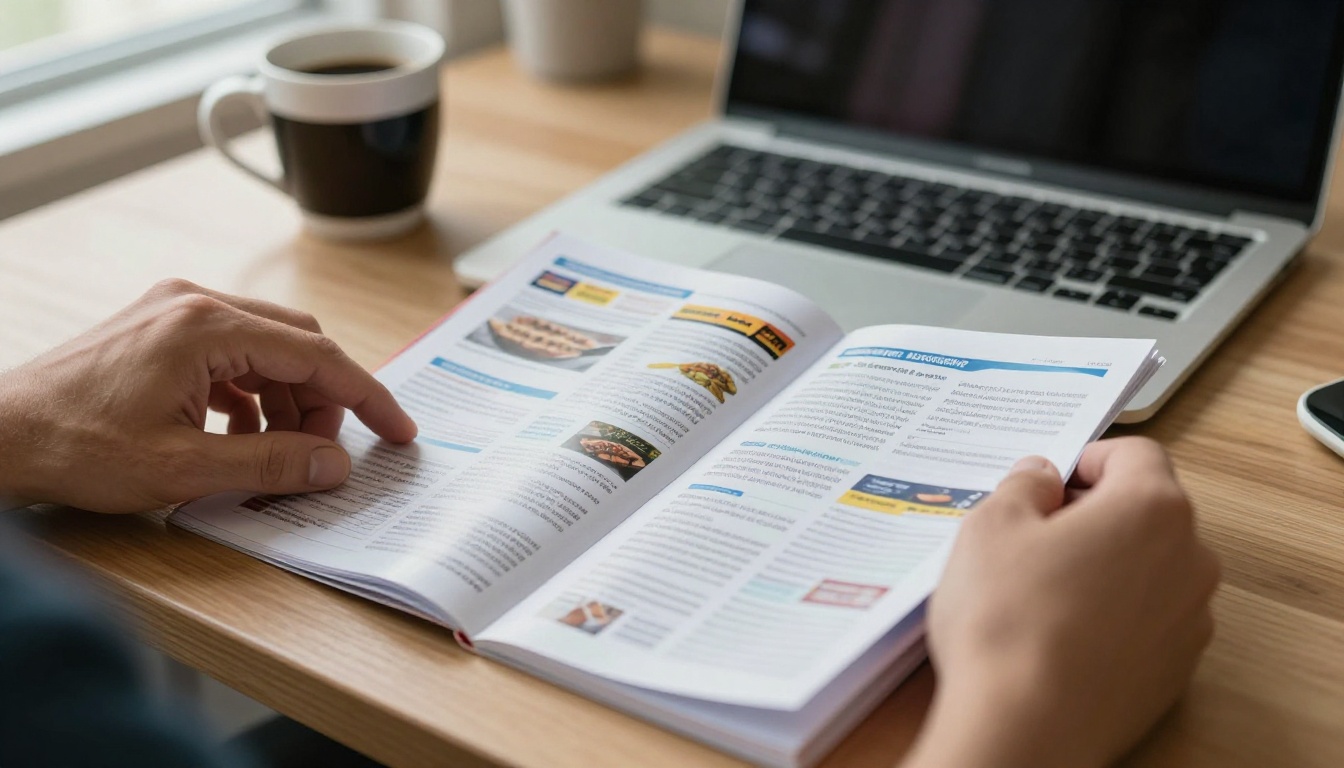 Marketing manager flipping through a printed supermarket catalog beside a laptop Marketing manager flipping through a printed supermarket catalog beside a laptop