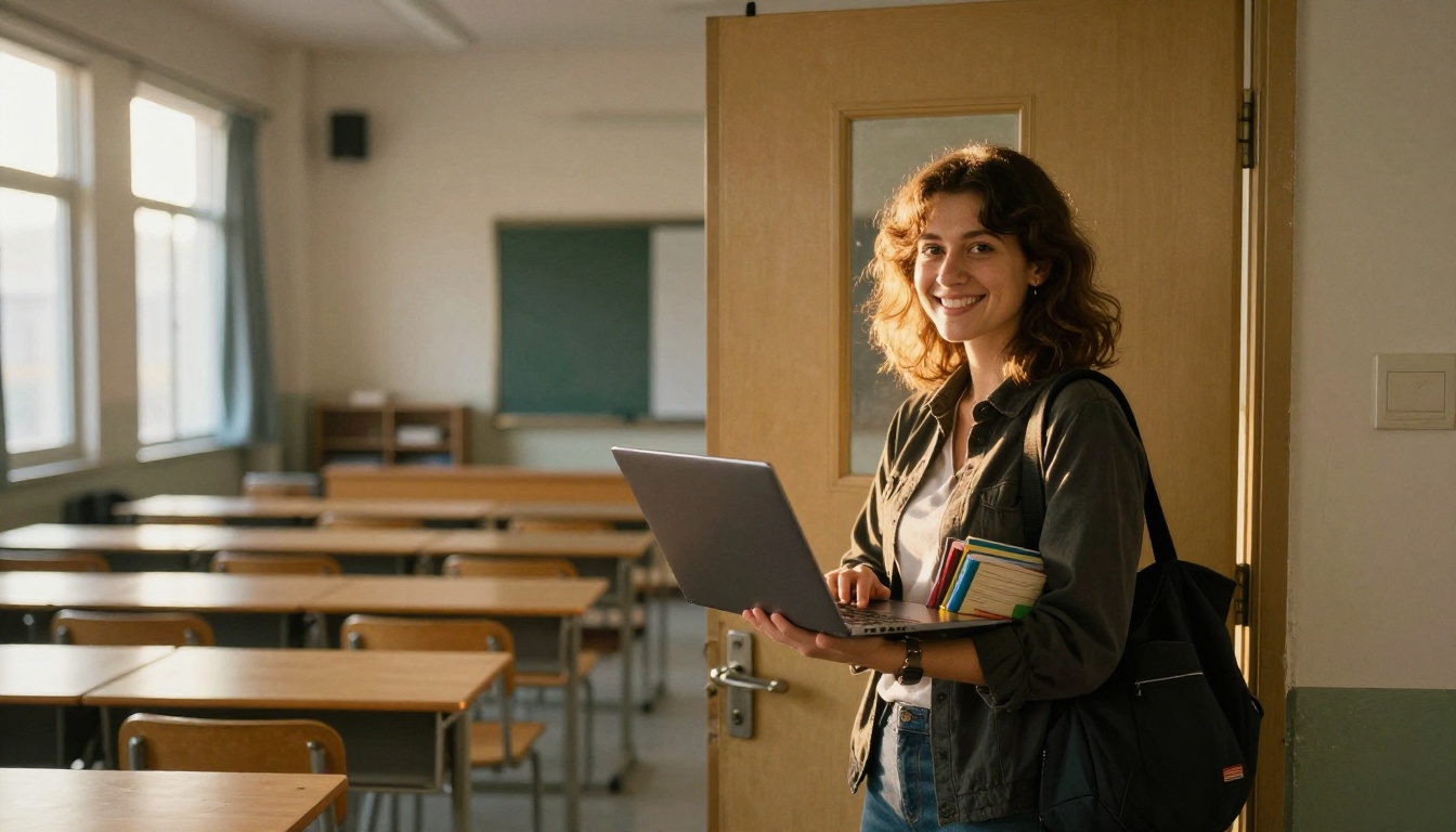 Teacher smiling at the door of an empty classroom at golden hour holding a laptop