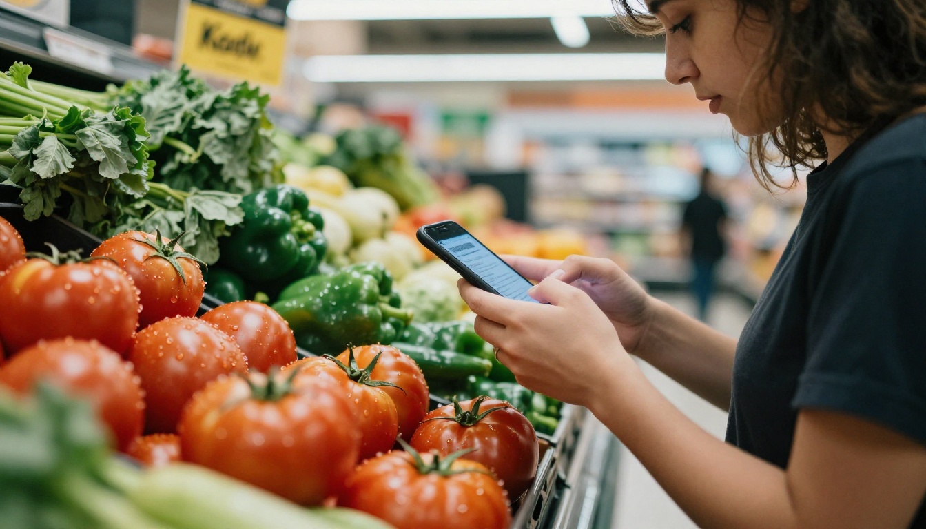 Shopper scanning a weekly flyer on a smartphone in a produce section Shopper scanning a weekly flyer on a smartphone in a produce section