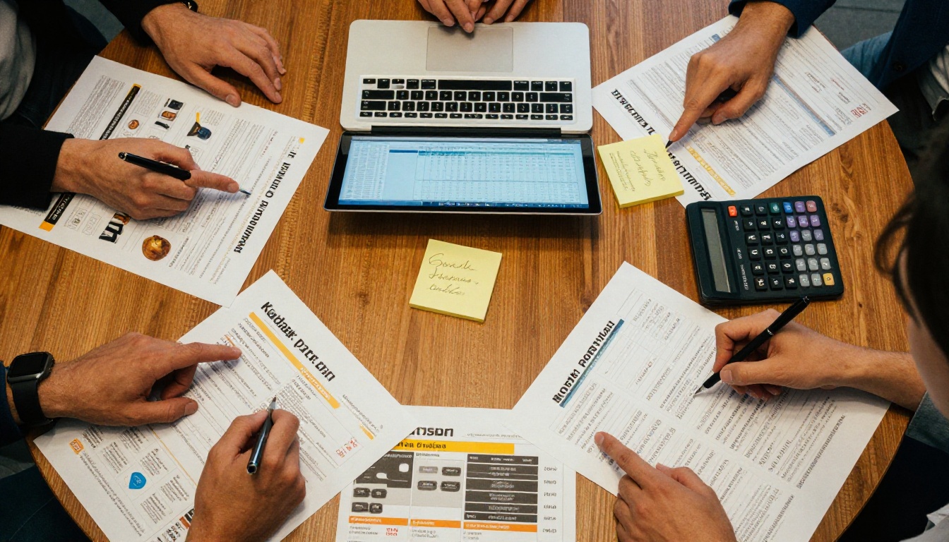 Overhead view of a conference table with printed catalogs, a laptop and pricing notes Overhead view of a conference table with printed catalogs, a laptop and pricing notes