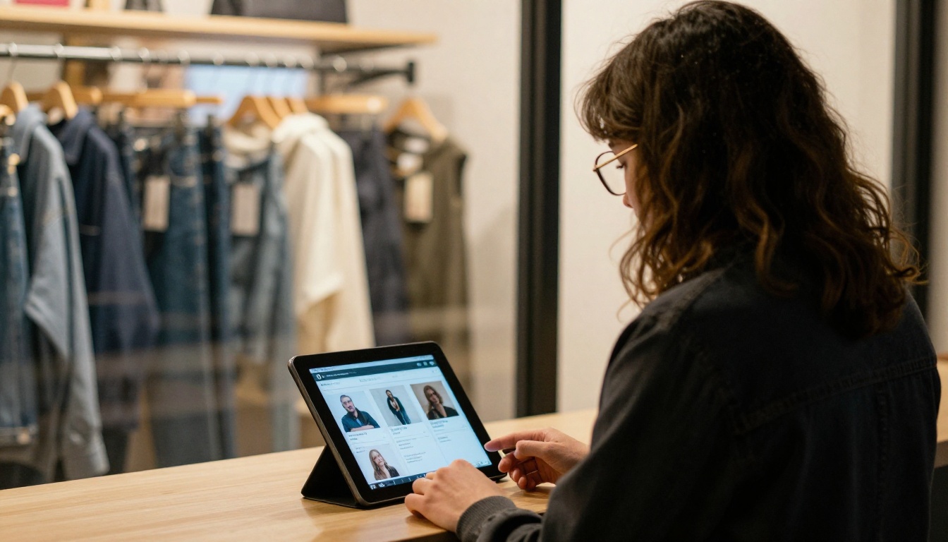 Fashion retail store owner showing a customer a digital catalog on a tablet Fashion retail store owner showing a customer a digital catalog on a tablet