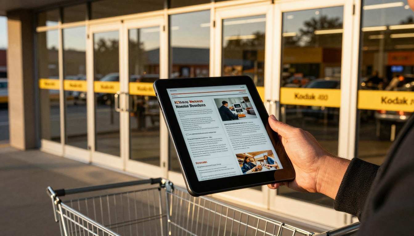 Wide shot of a supermarket entrance with a customer viewing a digital flyer on a tablet Wide shot of a supermarket entrance with a customer viewing a digital flyer on a tablet