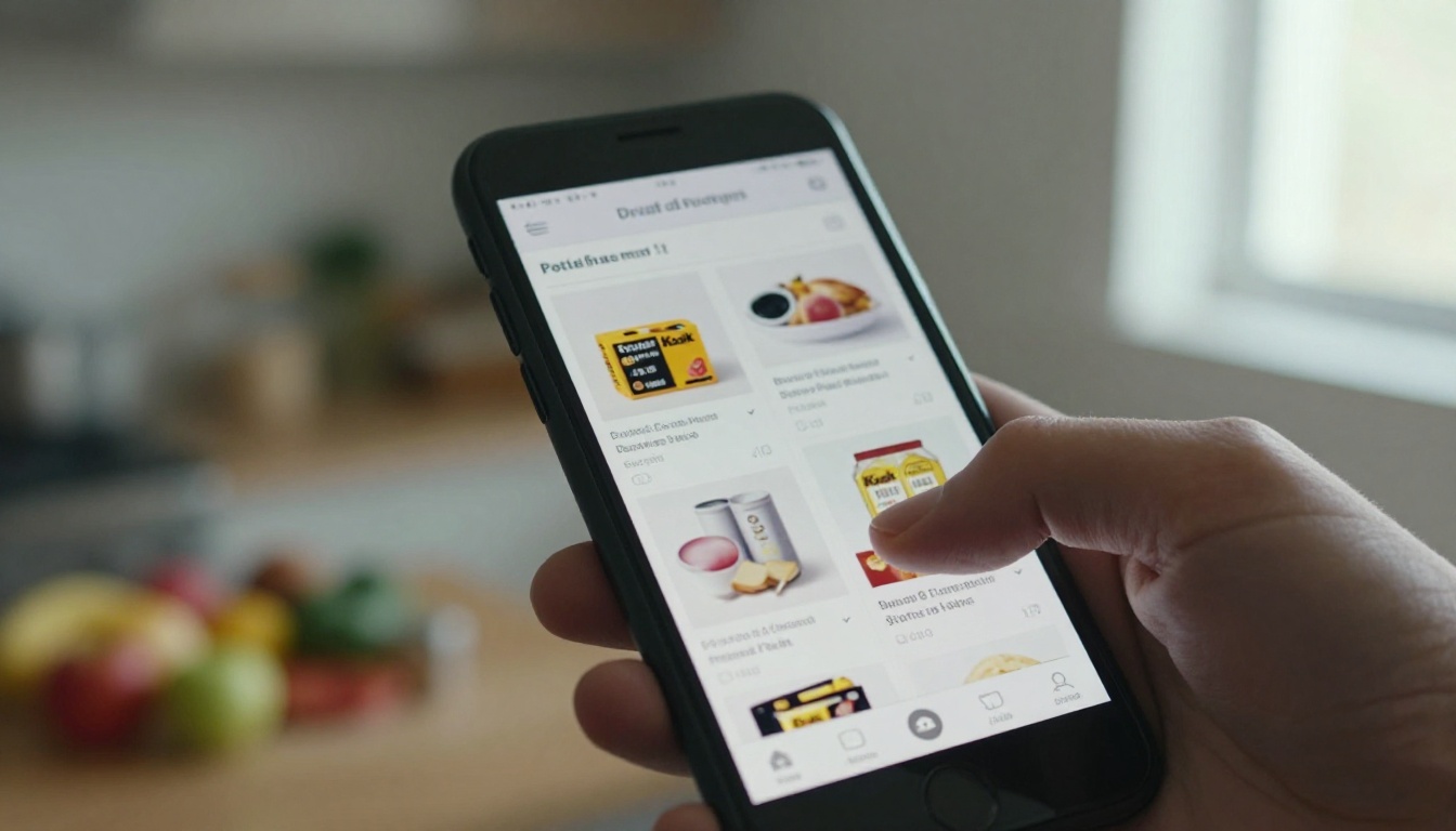 Close-up of a hand holding a smartphone showing a digital catalog page Close-up of a hand holding a smartphone showing a digital catalog page