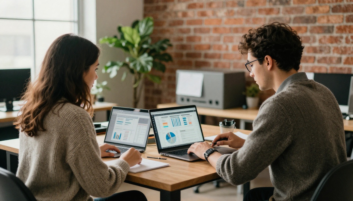 Retail analysts reviewing performance charts on a laptop in an open office Retail analysts reviewing performance charts on a laptop in an open office
