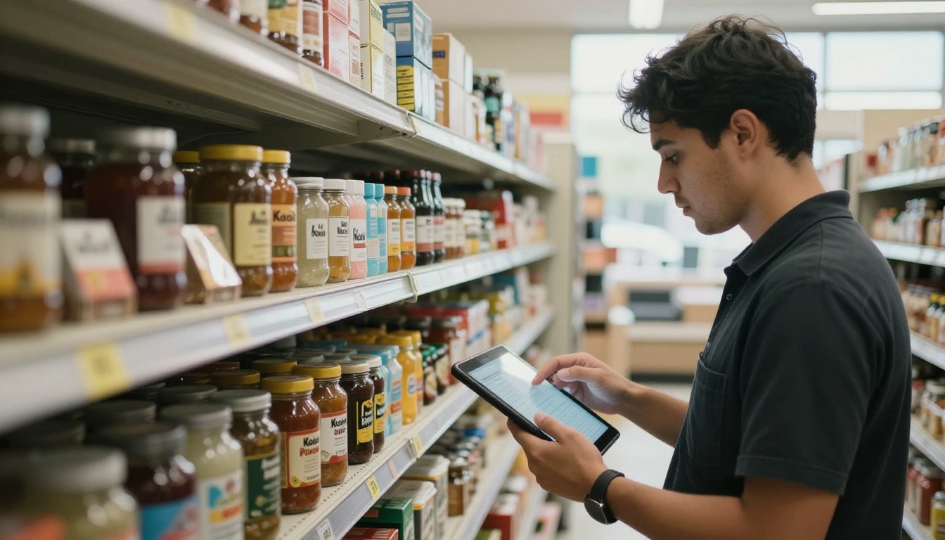 Store employee updating pricing labels on a stocked grocery shelf while holding a tablet Store employee updating pricing labels on a stocked grocery shelf while holding a tablet