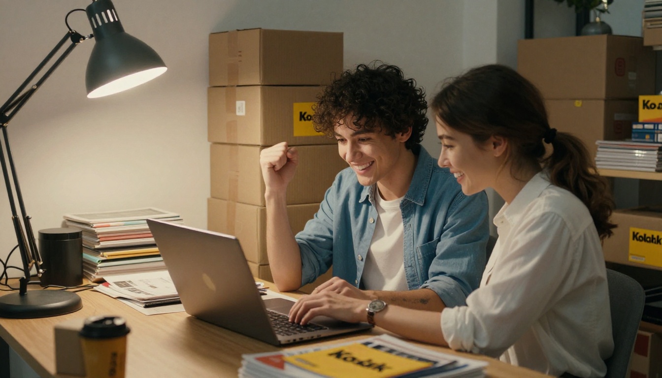 Small business owner celebrating at a laptop in a shop back office Small business owner celebrating at a laptop in a shop back office