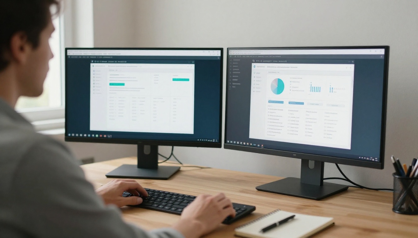 Comparing two software dashboards side by side on dual monitors Comparing two software dashboards side by side on dual monitors