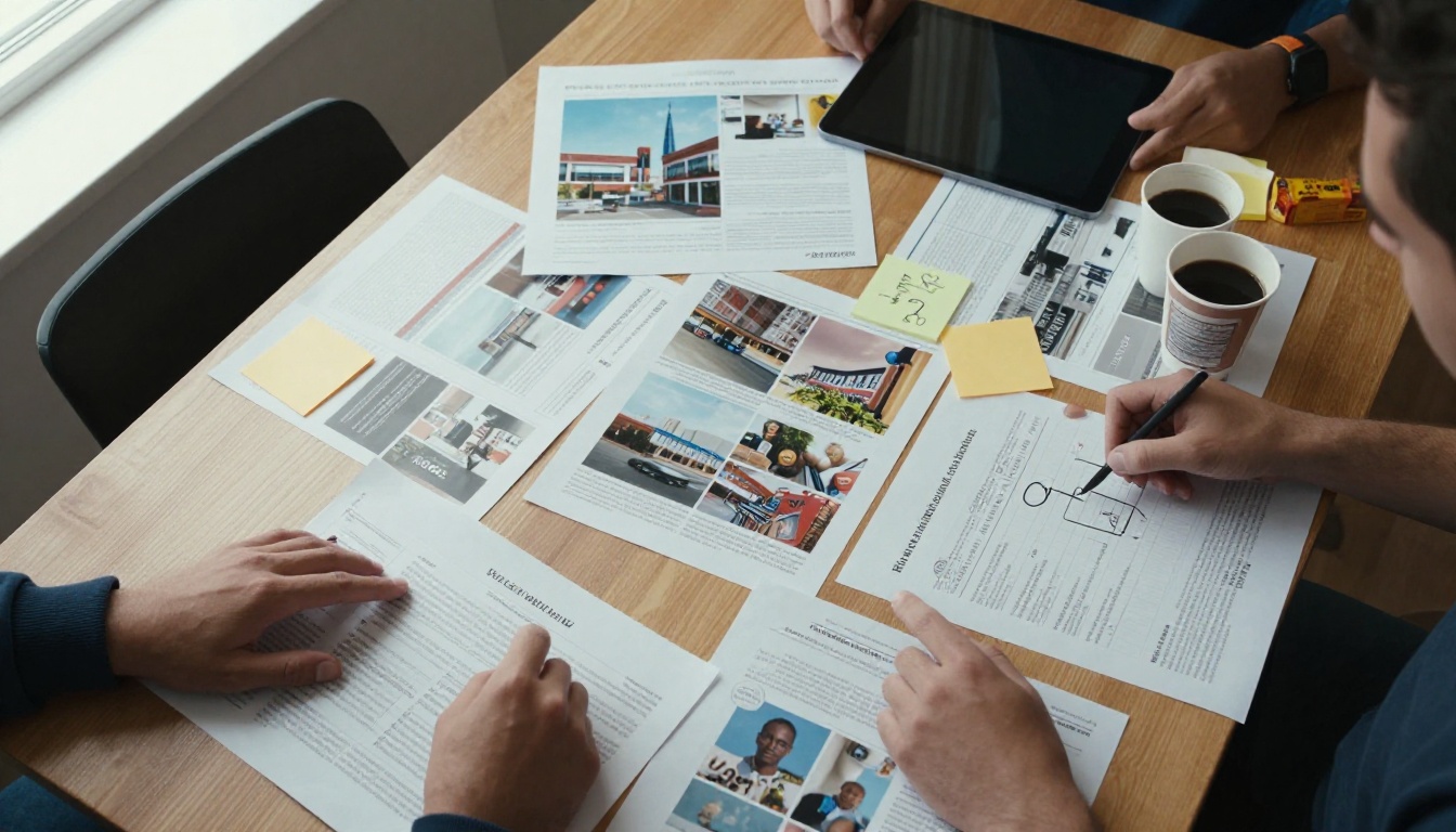 Aerial view of a conference table covered with printed reports and a tablet Aerial view of a conference table covered with printed reports and a tablet