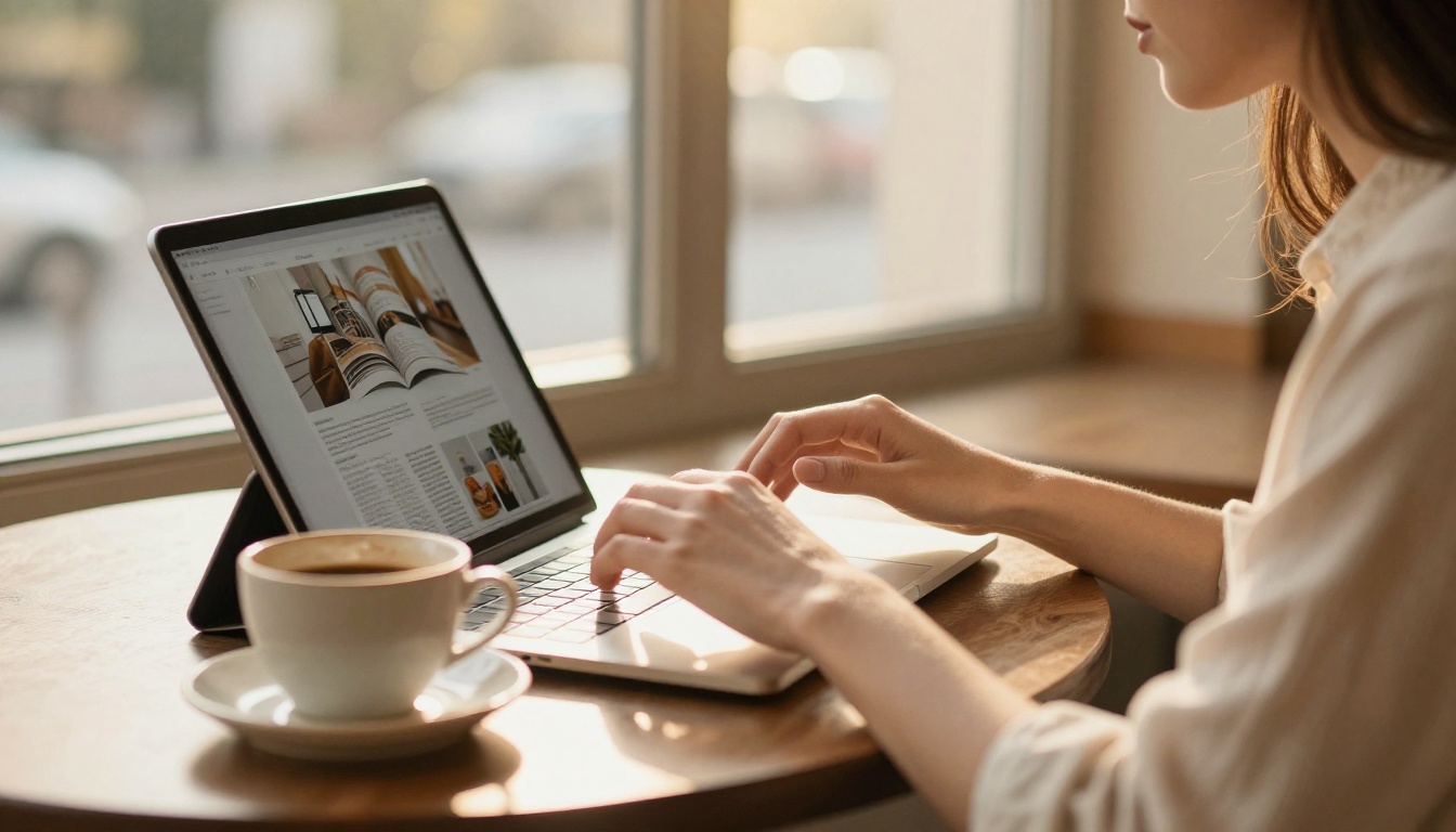 Young woman working on a laptop with a tablet showing a digital magazine Young woman working on a laptop with a tablet showing a digital magazine