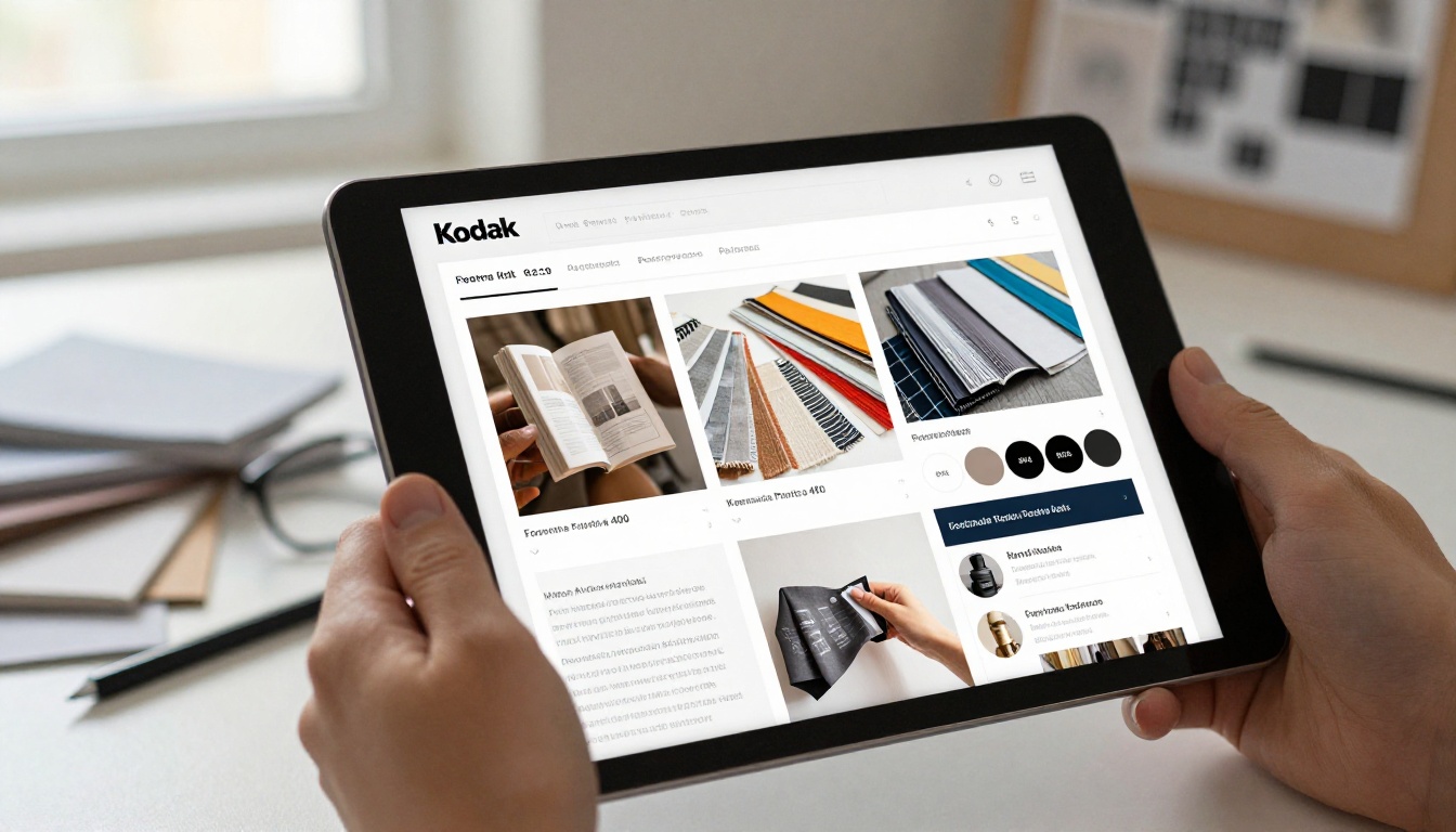 Hands holding a tablet showing a digital catalog with flipping pages Hands holding a tablet showing a digital catalog with flipping pages
