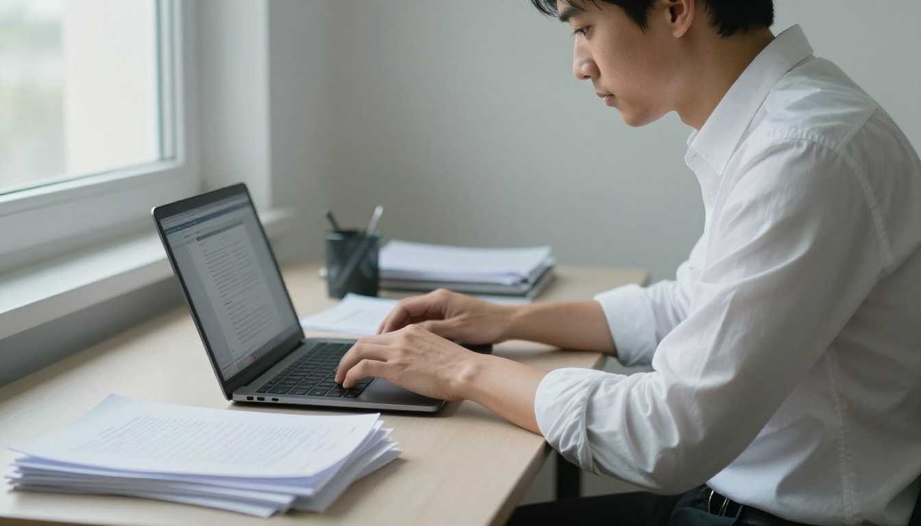 Man uploading a PDF on a laptop at a standing desk Man uploading a PDF on a laptop at a standing desk