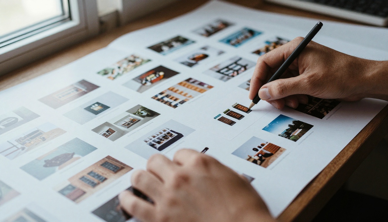 Designer's hands arranging printed catalog pages on a light table