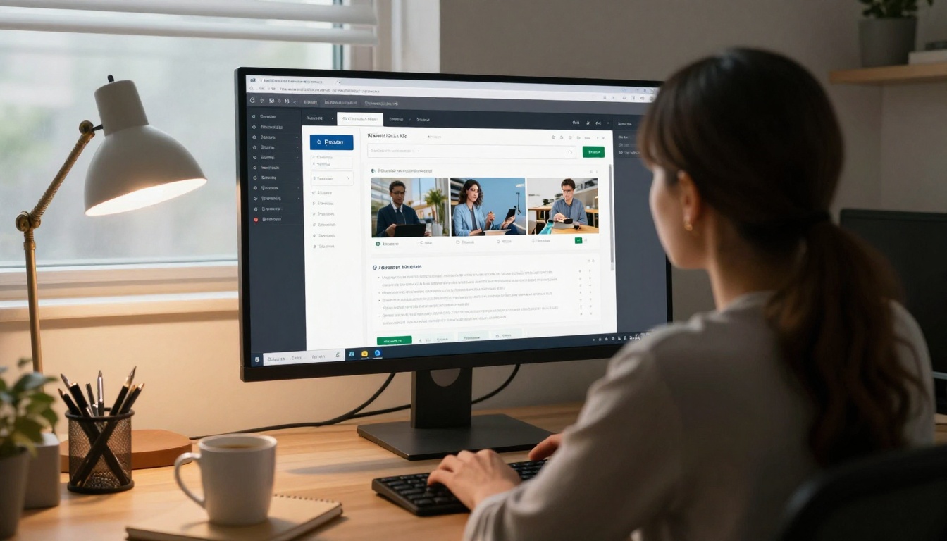 Woman reviewing website analytics charts on a large monitor Woman reviewing website analytics charts on a large monitor