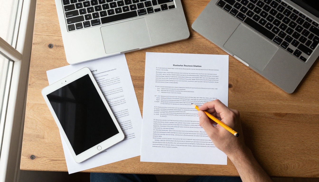 Overhead view of a desk with laptop, tablet and printed pages used to compare document designs Overhead view of a desk with laptop, tablet and printed pages used to compare document designs