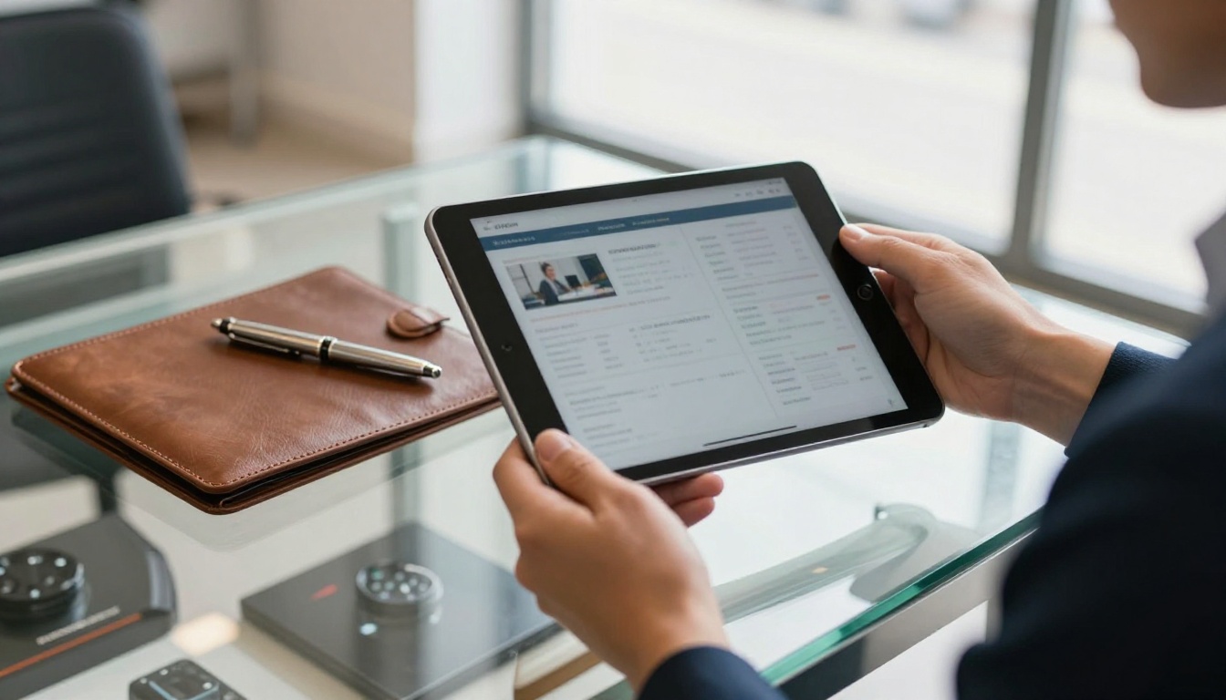 Sales representative handing a tablet with an interactive brochure to a client Sales representative handing a tablet with an interactive brochure to a client