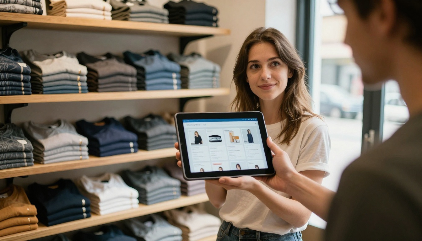 Boutique owner holding a tablet showing a product catalog in her shop